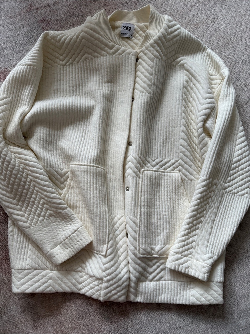 Zara Off White Quilted Bomber Sweater Jacket XS Small